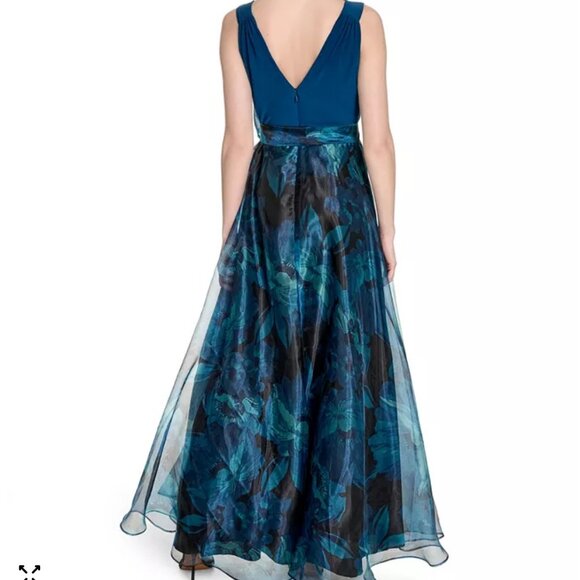 Eliza J Teal Floral Chiffon Ball Gown | Size 12 | Sleeveless V-Neck - Picture 11 of 12